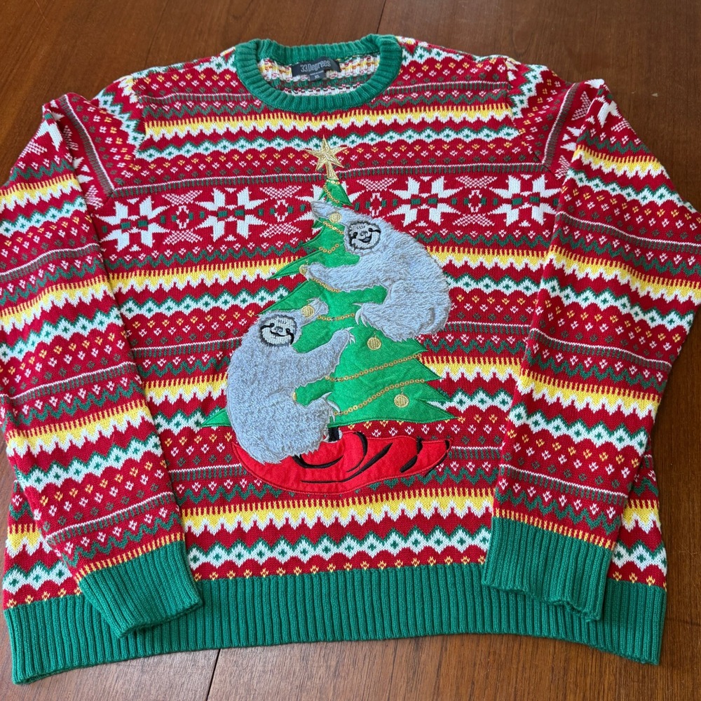 33 Degrees Sloth Christmas Tree Fair Isle Red XL Ugly Christmas Sweater Holiday